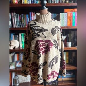 St. John's Bay Floral Cowl Neck Sweater - Cream and Burgundy